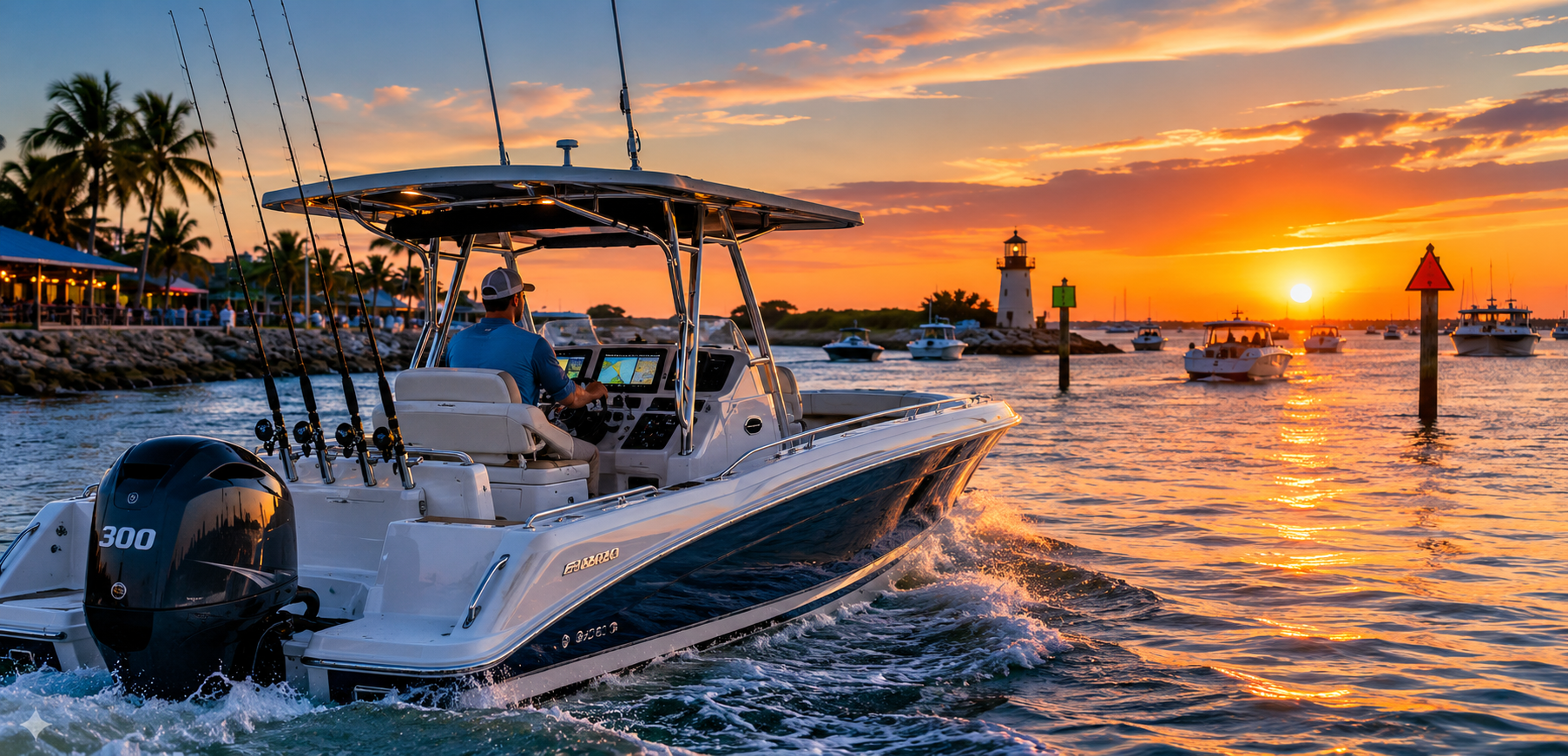 A boater threading a busy inlet at dusk