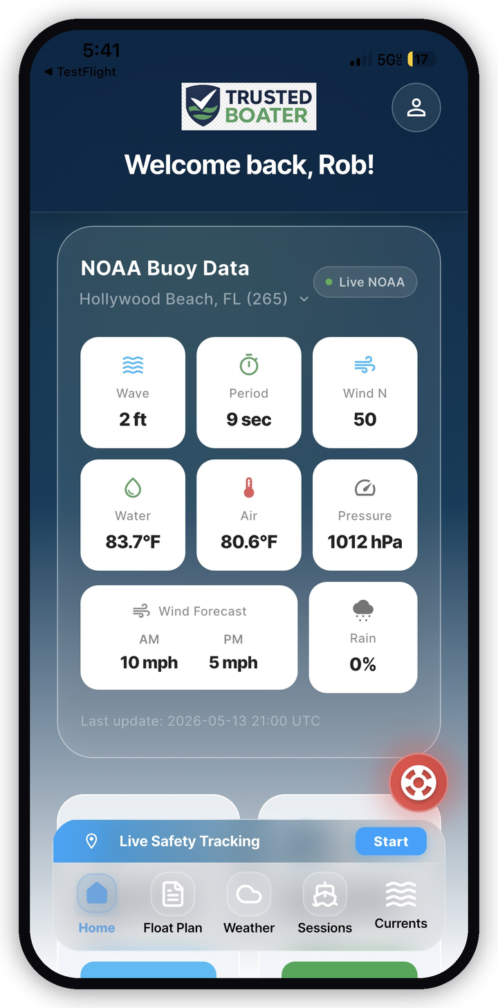 Trusted Boater app showing live NOAA buoy data, marine weather, and Live Safety Tracking
